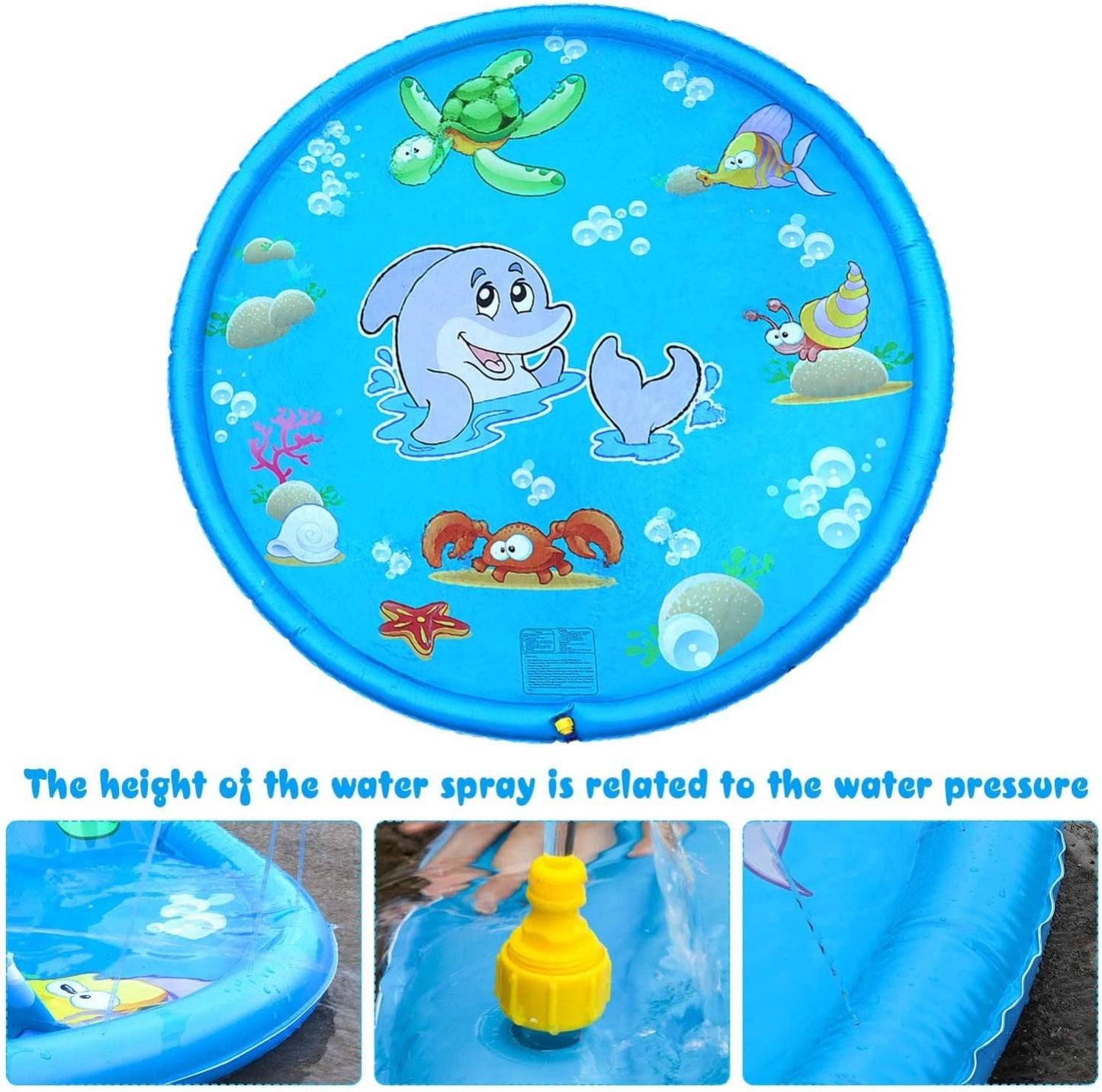 KAHEIGN 170CM Splash Water Play Mat Dolphin Tortoise Starfish Shell Crab Pattern Sprinkler Pad Summer Garden Outdoor Spray Water Toys for Kids Pets Family Activities