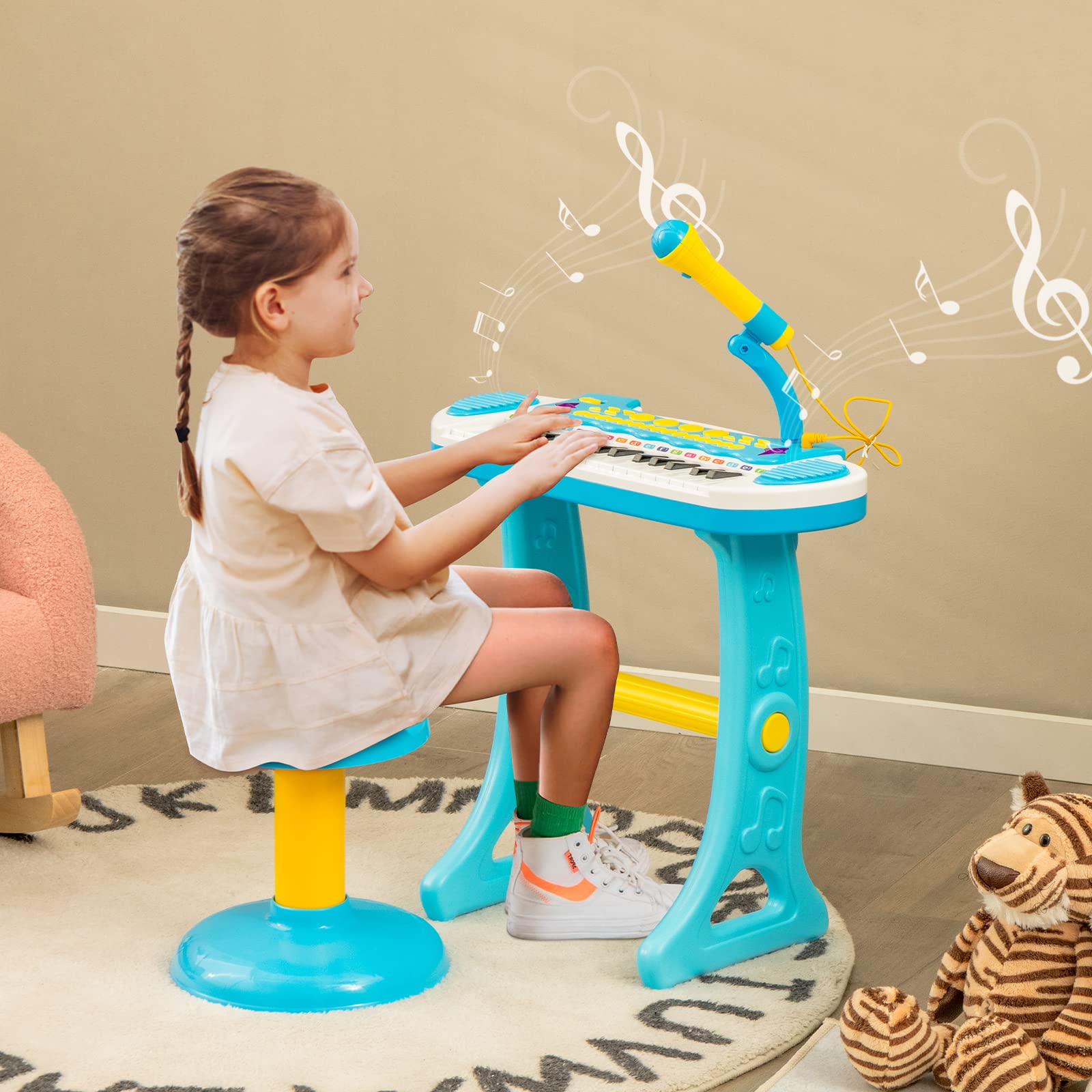 COSTWAY 31-key kids electronic keyboard with stool, microphone, flashing lights, and recording functions, suitable for boys and girls.