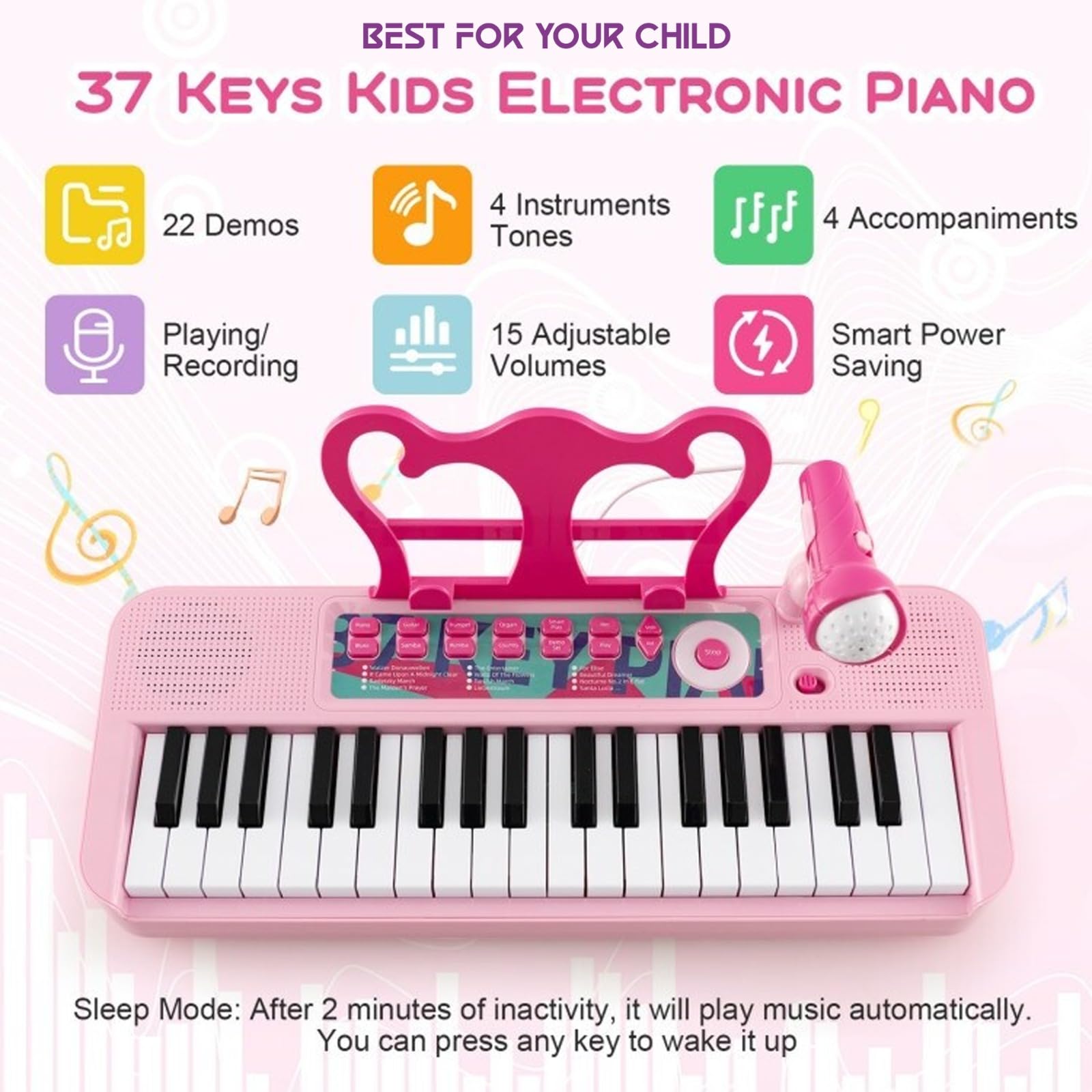 DIOXSTAR Kids Piano and Stool set with 37-key pink keyboard, adjustable microphone, compact portable design for imaginative play