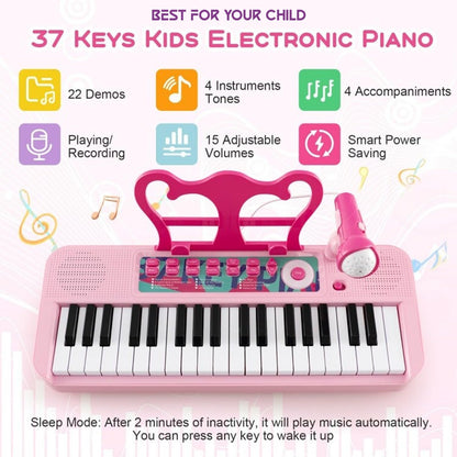 DIOXSTAR Kids Piano and Stool set with 37-key pink keyboard, adjustable microphone, compact portable design for imaginative play
