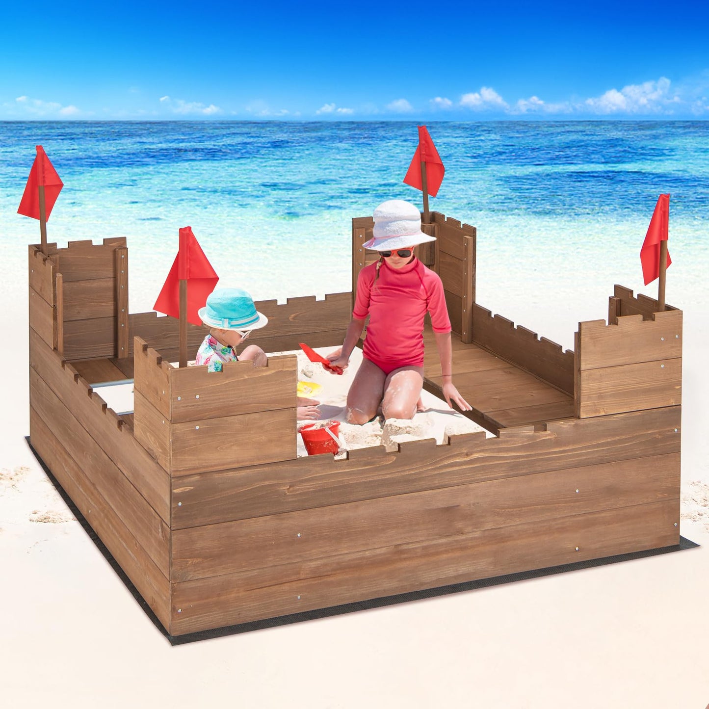 COSTWAY Kids Wooden Sandpit, 116x113cm Sand Play Station with Built-in Bench Seats, Storage Boxes, Flags and Protective Bottom Liner, Children Sandbox for Garden Bench