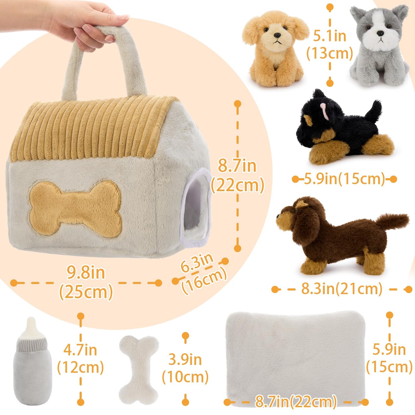 MorisMos 4pcs Dog Teddy Soft Toy, 25cm Dog Stuffed Animal Plush Cuddly with Doghouse, Lifelike Kawaii Presents for Kids Girls Boys Birthday Party Decorations