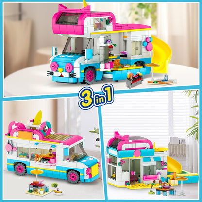 CUBIMANA 3-in-1 cat-themed building set with camper van, ice cream truck, city bus, slides, and stickers for kids ages 6-12.