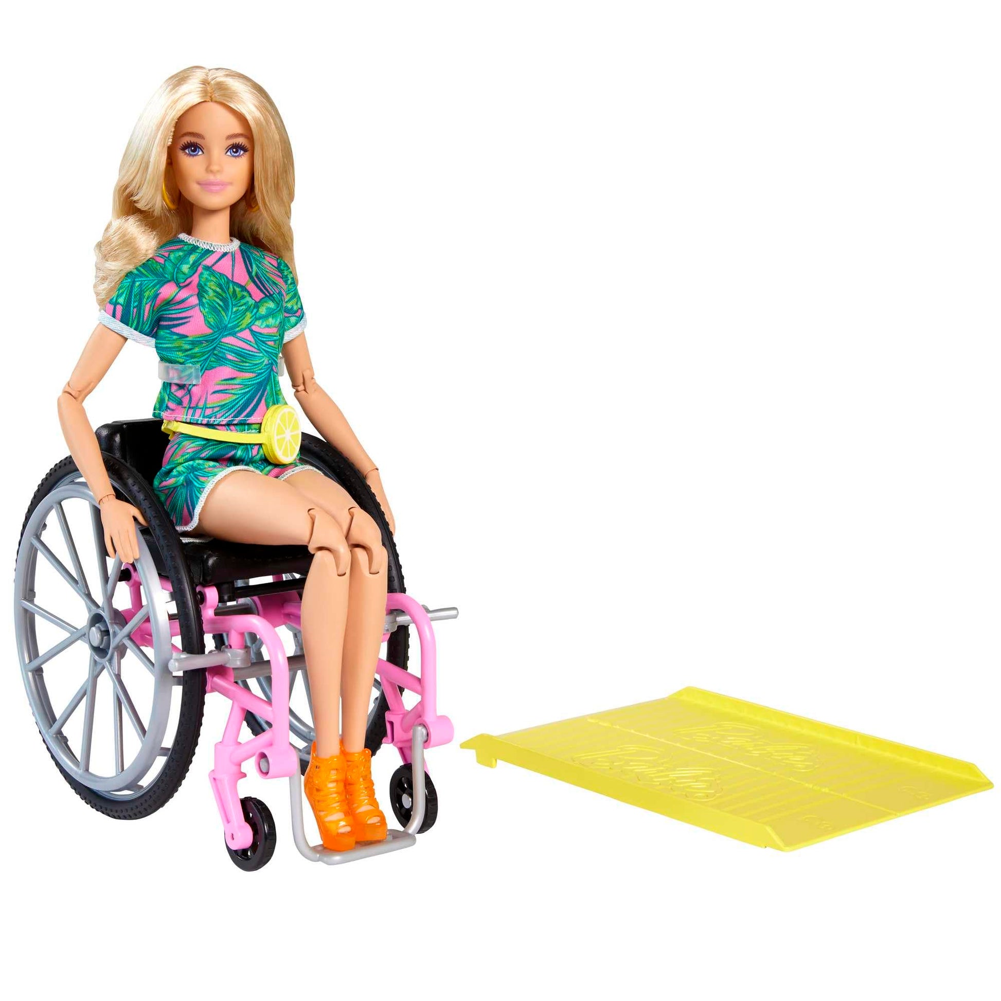 Barbie Fashionistas Doll #165 with long blonde hair, wheelchair, tropical romper, orange shoes, and lemon fanny pack.