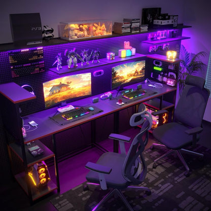 Xyphren Gaming Desk 100 x 50 cm with Pegboard & Power Outlet & LED Light, Small Computer Desk with Reversible Shelves for Corner Home Office Desk, Black