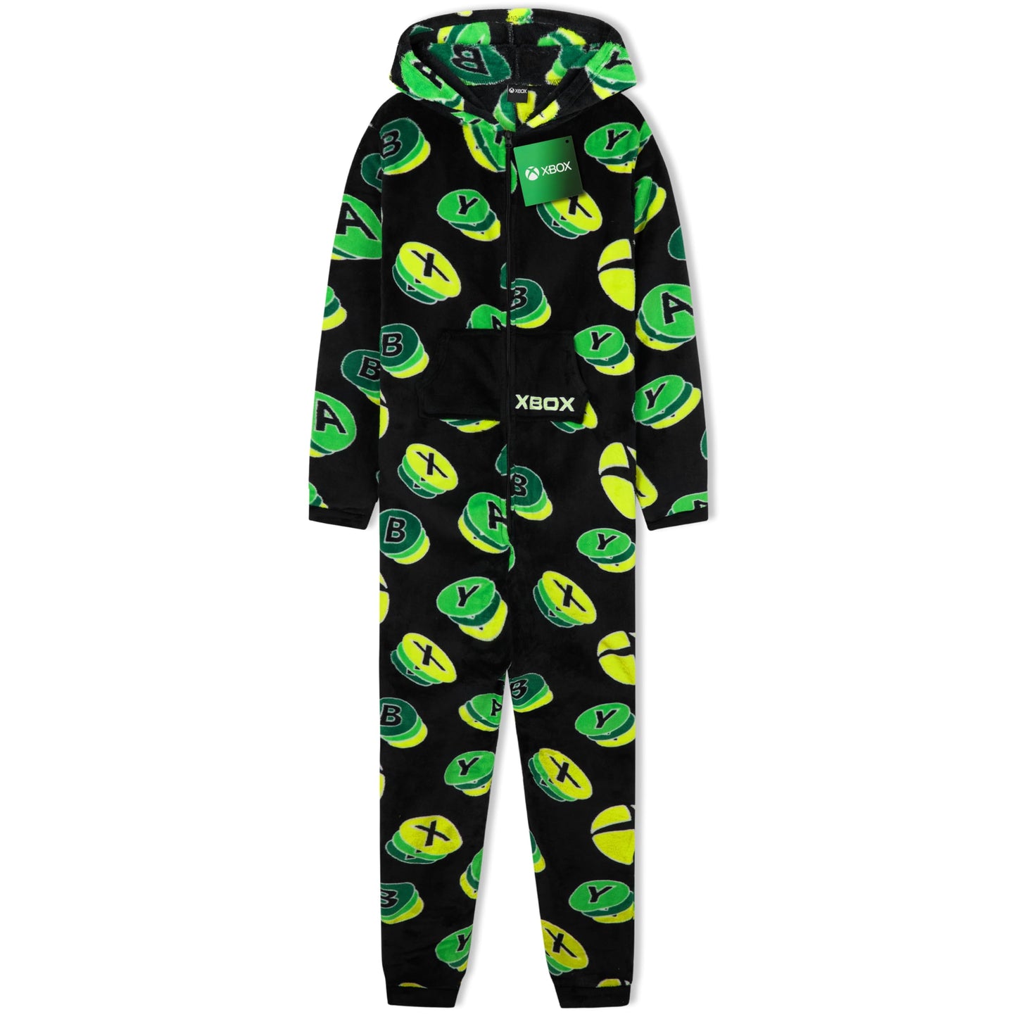 Xbox boys' fleece onesie featuring a hood, black and green design, cozy loungewear for teens, perfect for gaming and relaxation.