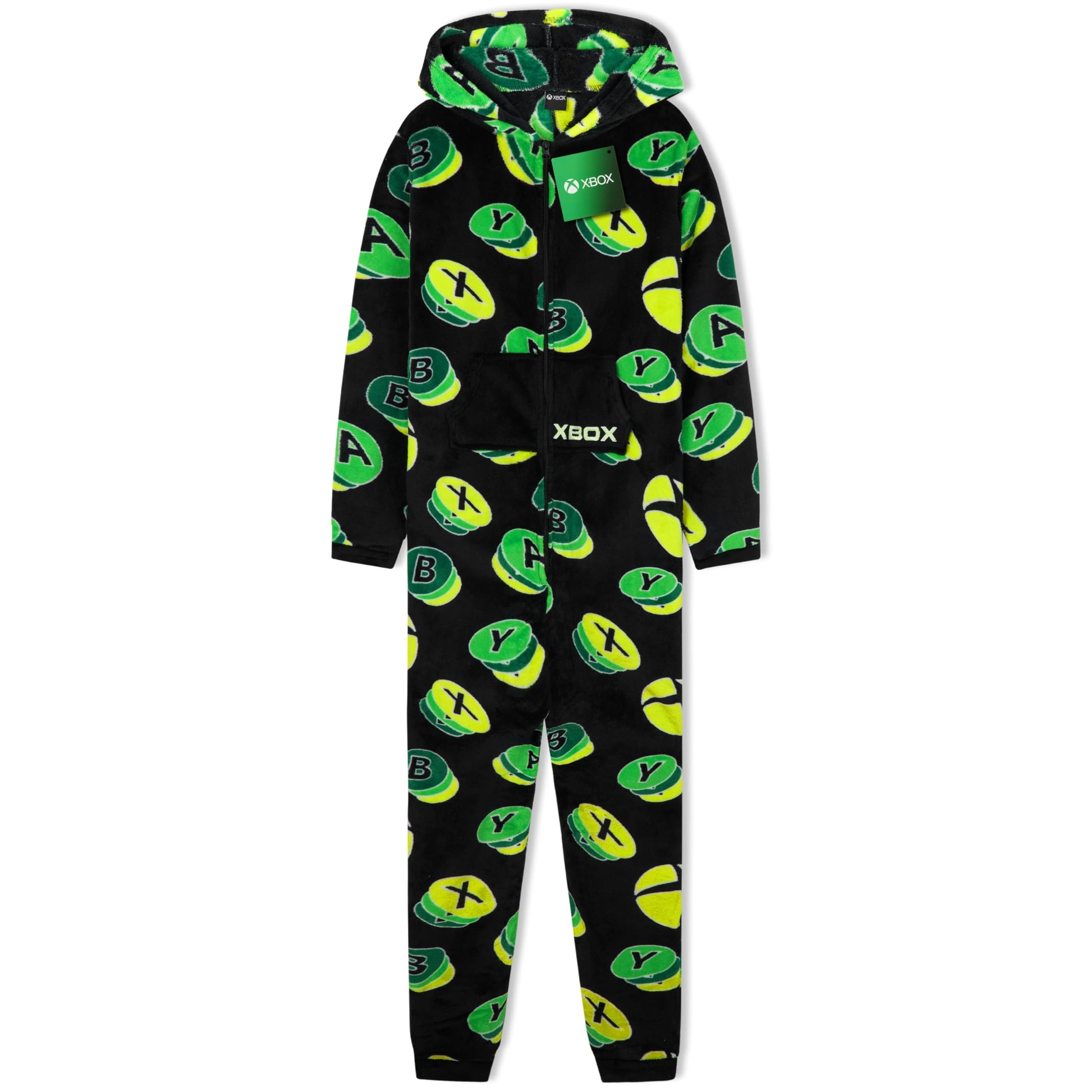 Xbox boys' fleece onesie featuring a hood, black and green design, cozy loungewear for teens, perfect for gaming and relaxation.