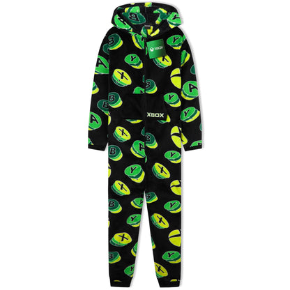 Xbox boys' fleece onesie featuring a hood, black and green design, cozy loungewear for teens, perfect for gaming and relaxation.