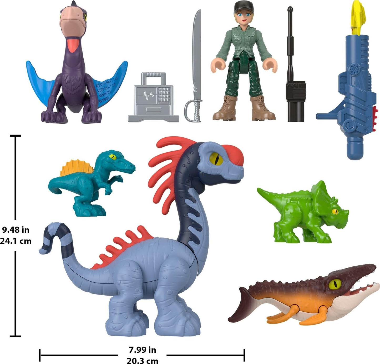 Fisher-Price Imaginext Jurassic World Rebirth action figure set with human, dinosaurs, toy launcher, and accessories.