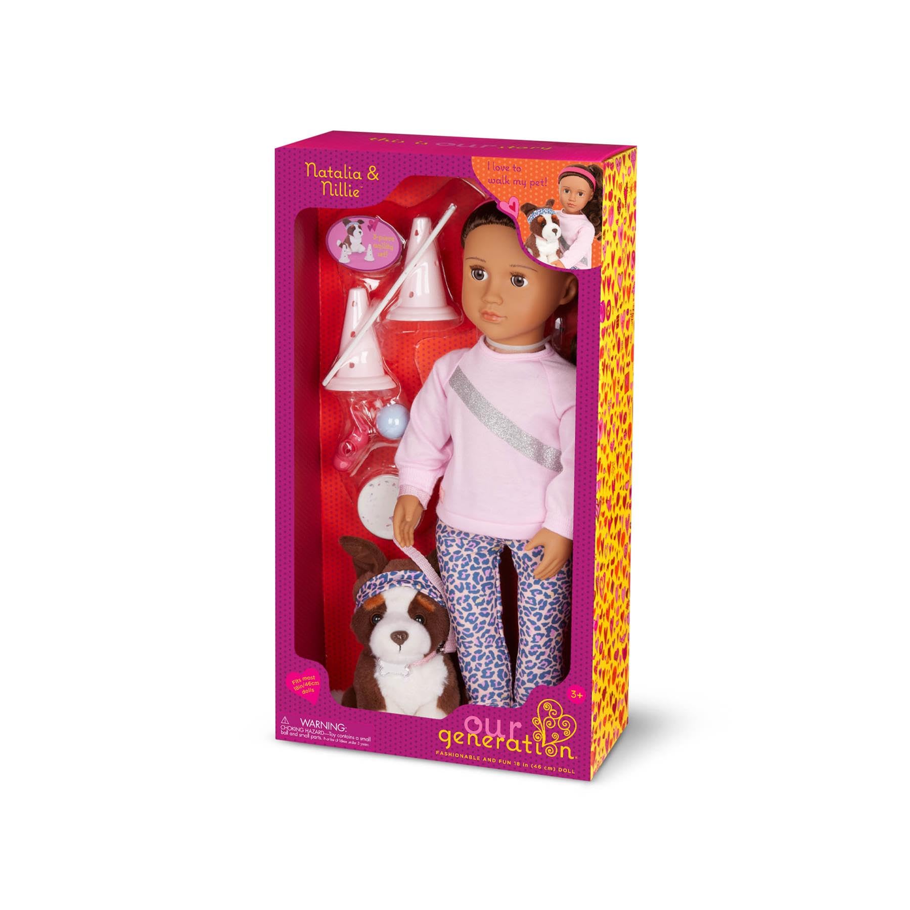 Our Generation Natalia doll with Nillie dog, agility training set with accessories for kids' pretend play.