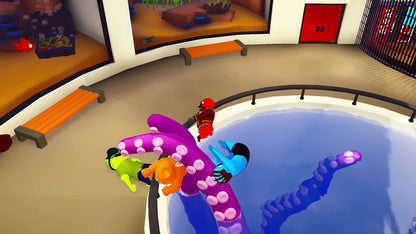 Screenshot of GANG BEASTS Nintendo Switch game showing colorful, quirky characters in chaotic combat action.
