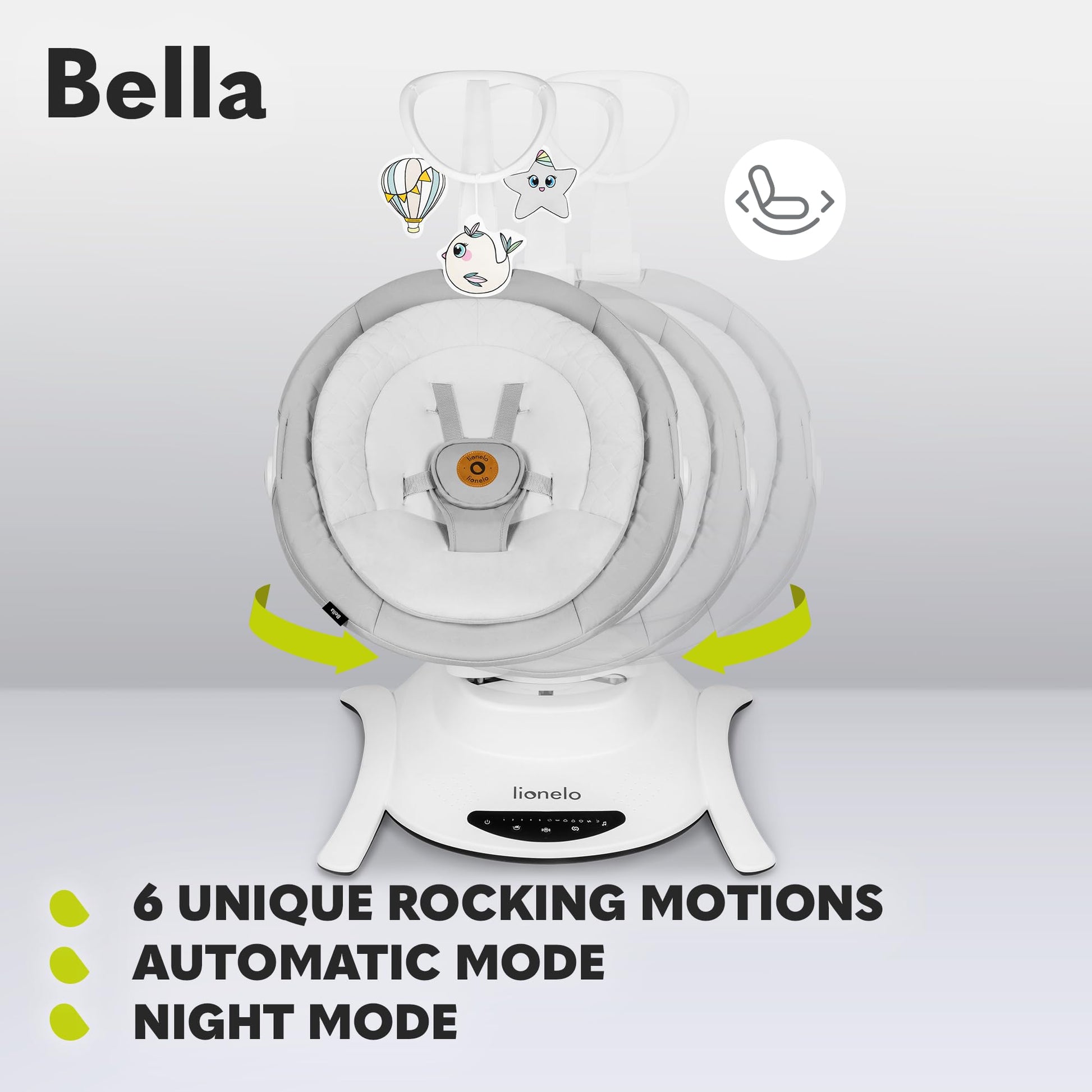 Lionelo Bella electric baby bouncer with 360° seat, safety harness, remote control, and adjustable backrest for infants.
