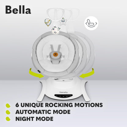 Lionelo Bella electric baby bouncer with 360° seat, safety harness, remote control, and adjustable backrest for infants.