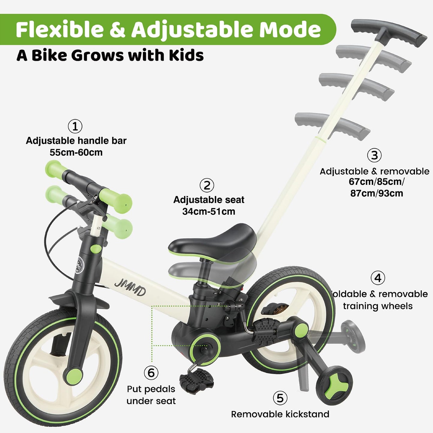 JMMD Balance Bike with Training Wheels and Pedals, Kids Push Bike with Adjustable Push Handle, Fun and Safe Toddler Tricycle for Boys and Girls with Brakes & Kickstand, Age18 Months-5 Years, Green