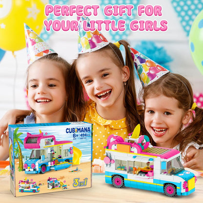 CUBIMANA 3-in-1 cat-themed building set with camper van, ice cream truck, city bus, sliding pieces, and stickers for kids aged 6-12.