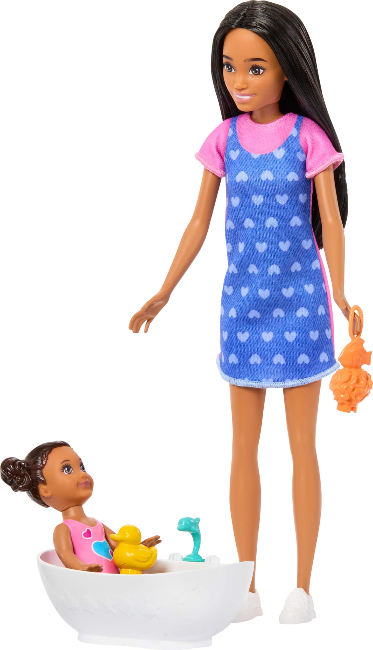 Barbie Skipper Babysitters Inc. playset featuring brunette doll, toddler doll, bathtub, and rubber duckie accessories.