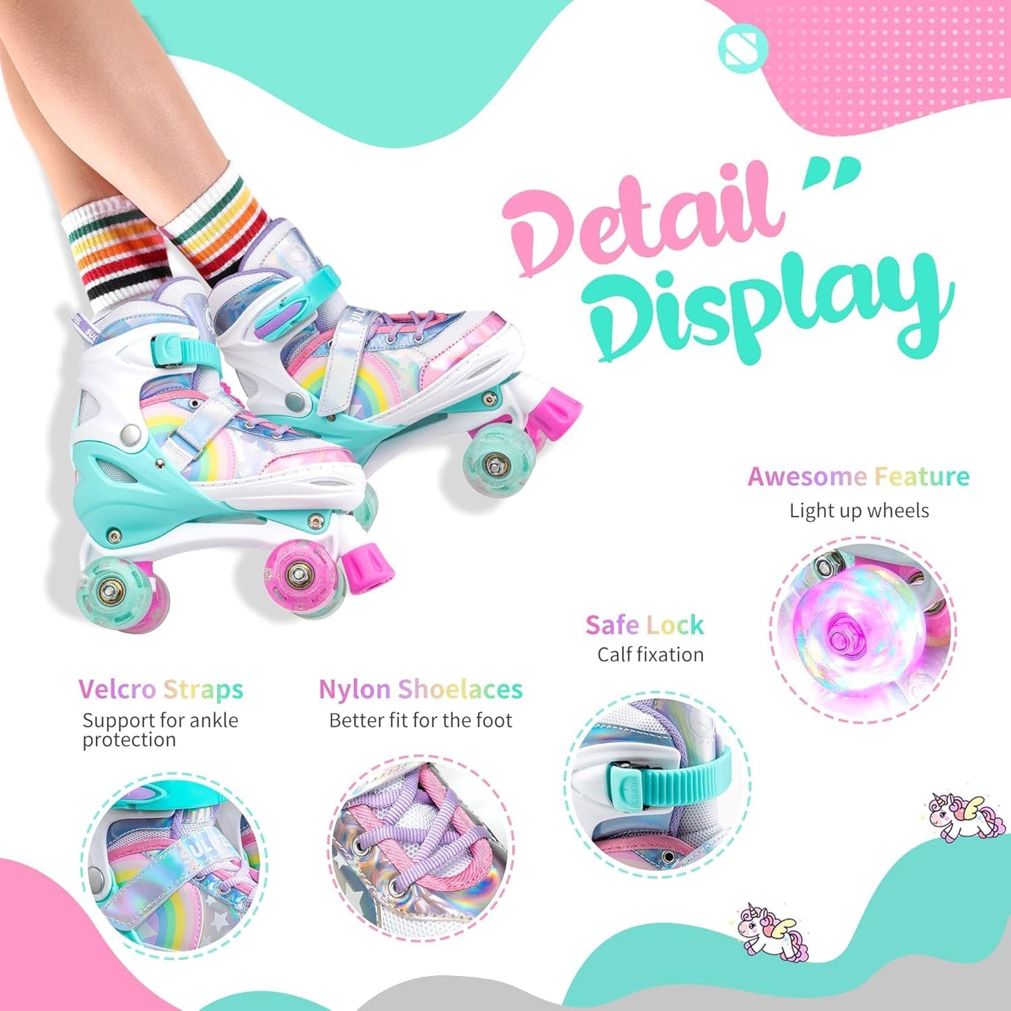 Rainbow unicorn roller skates for kids, adjustable size 9C-12C UK, with light-up wheels and colorful design by SULIFEEL.