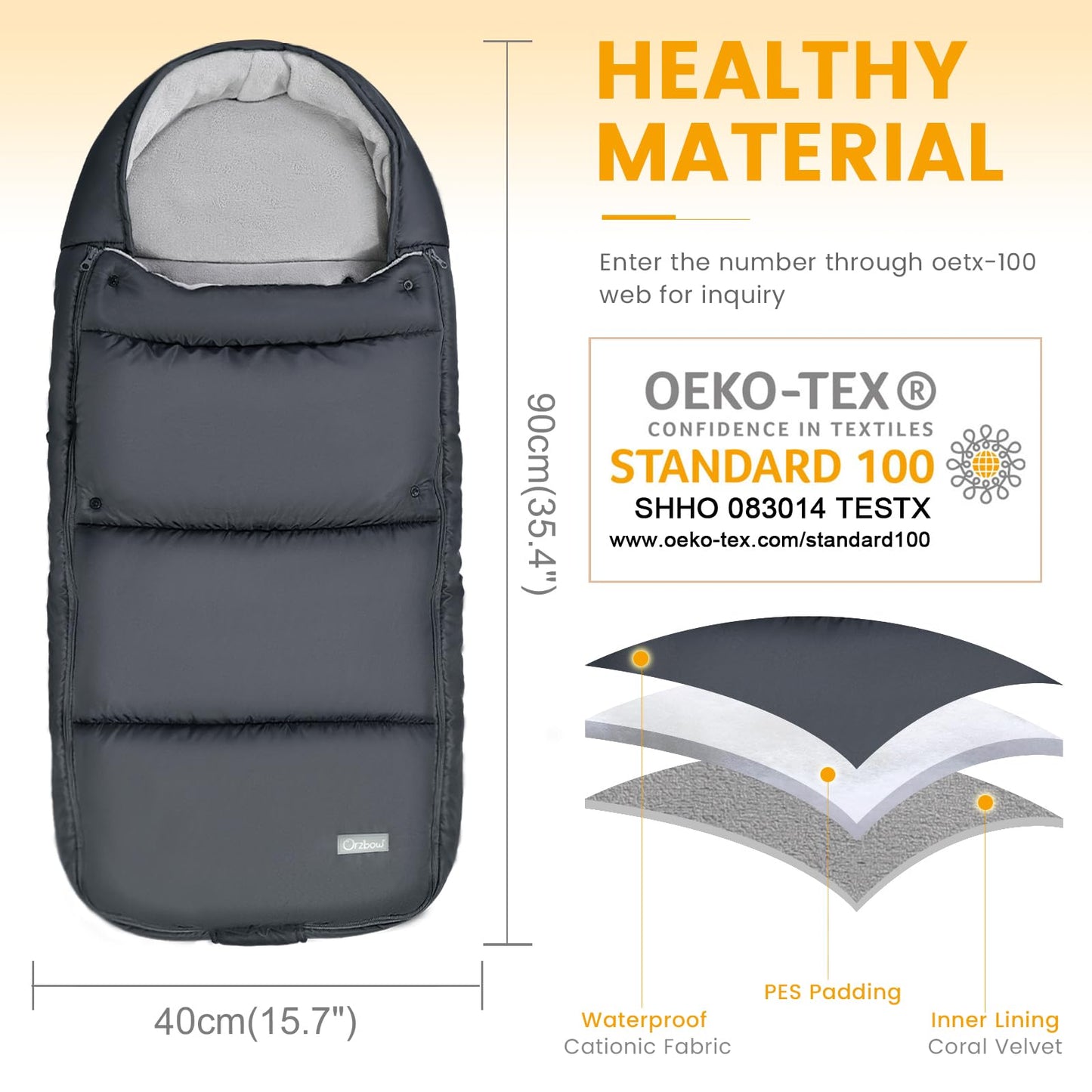 Orzbow winter footmuff for stroller, dark grey, adjustable cozy toes with zip and buttons, removable pram footmuff with drawstring bag.