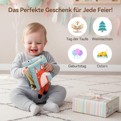 WOODEN TEETHER Baby Soft Books 0-6 Months, Touch and Feel Crinkle Cloth Activity Books - Sensory Books Toy with Mirror for Newborns 0 3 6 12 Months, Car Seat Gifts for Infants Girls Boys