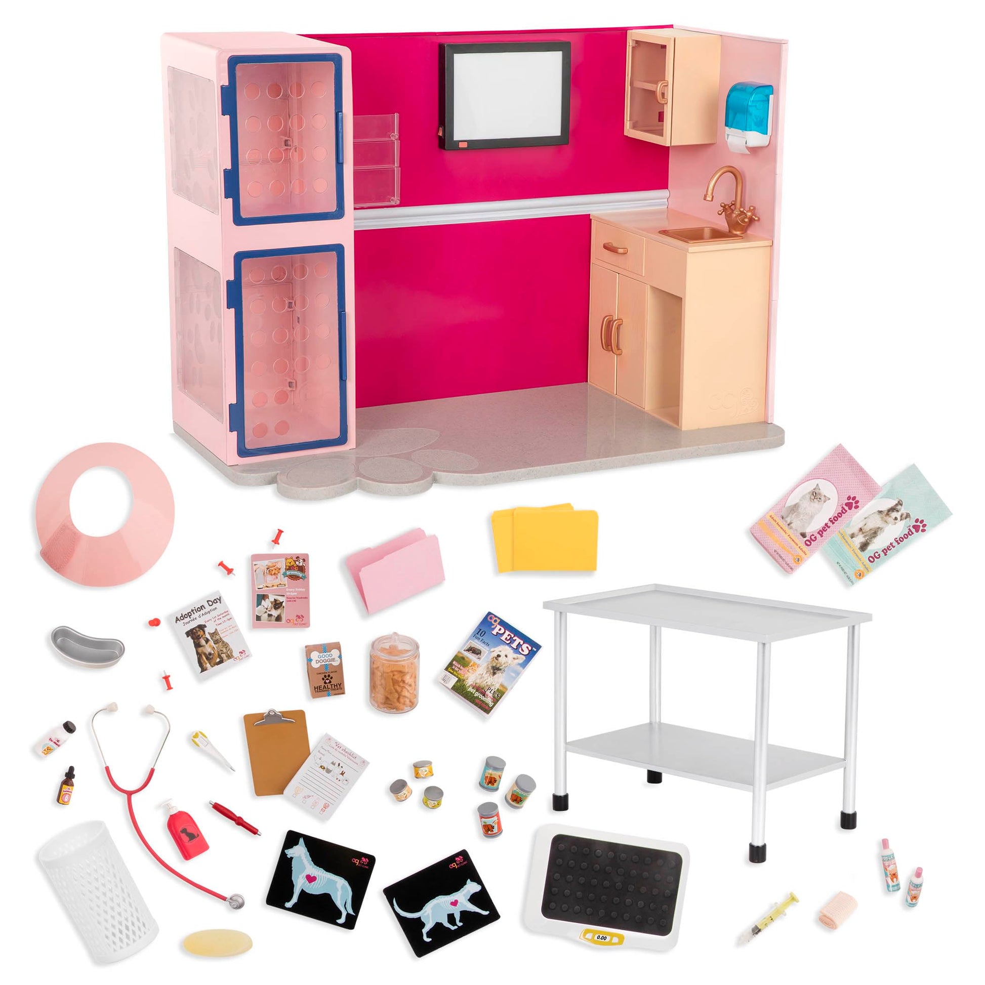 Our Generation Healthy Paws Vet Clinic playset with pink veterinary accessories for 18-inch fashion dolls.