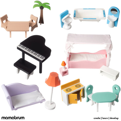 Mamabrum Wooden Dolls House XXL with Terrace Garden, LED Lights, Furniture & Accessories Included, 3-Storey Houses & Wooden Sweet Playhouse with Painted Roof & Walls for Little Girls, Rose/Light Blue