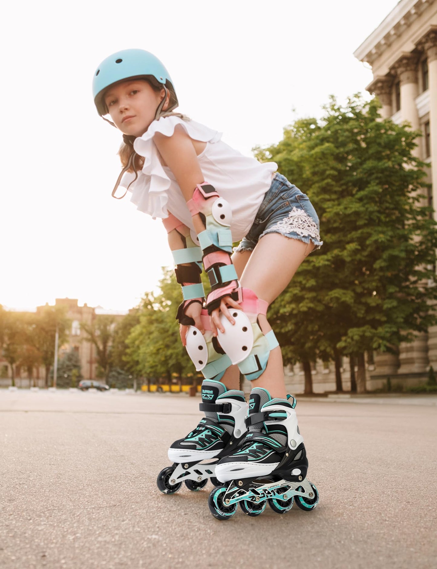 2pm Sports mint adjustable inline skates for boys and girls, stylish beginner roller skates with a comfortable fit and small size.