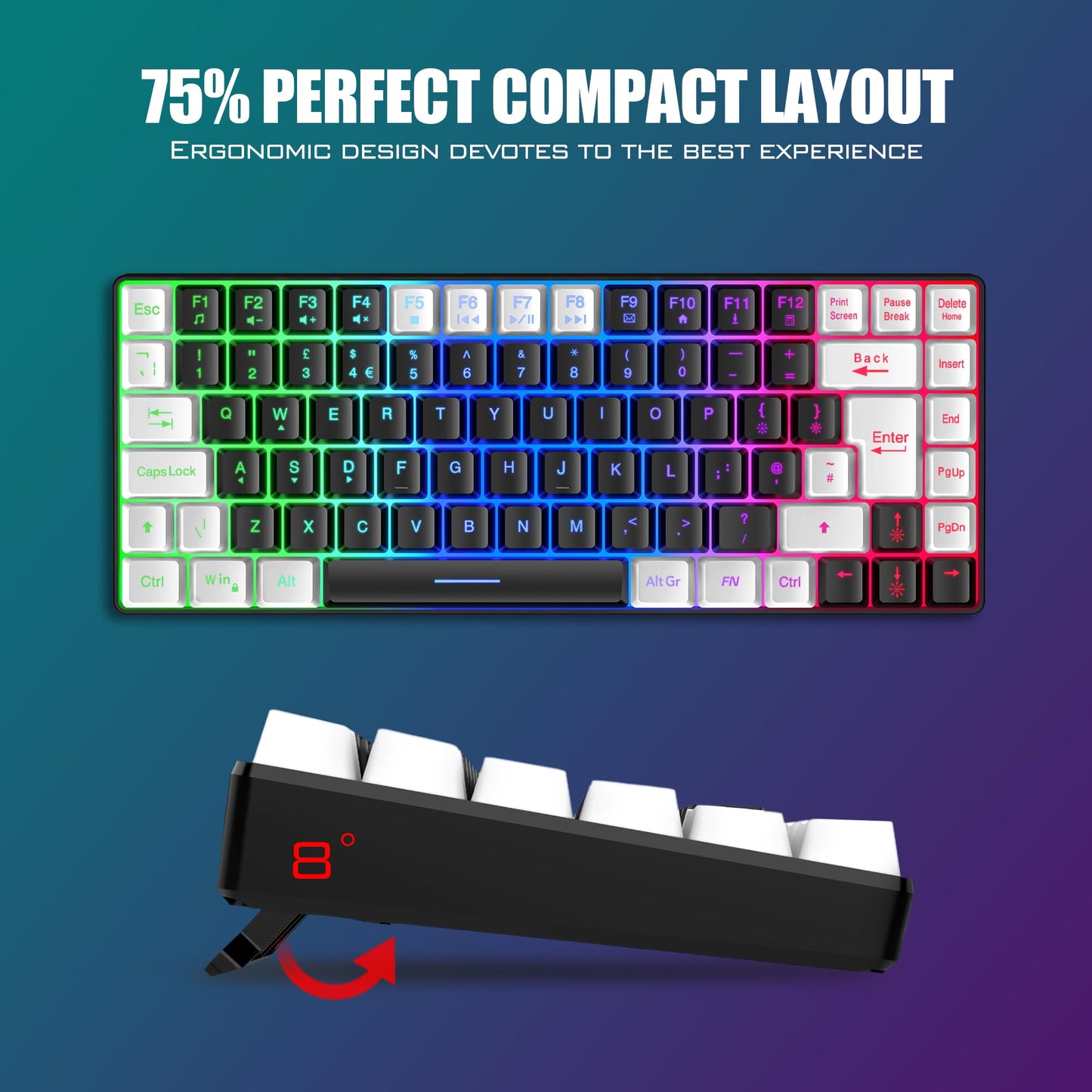 RedThunder K84 wireless gaming keyboard and honeycomb gaming mouse with rainbow backlight, UK layout, compact design for PC and PS5 gaming
