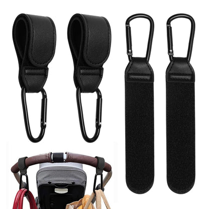 Four TENTHPEO PU leather buggy clips with adjustable straps and anti-slip design for stroller, diaper bag, and backpack attachment.