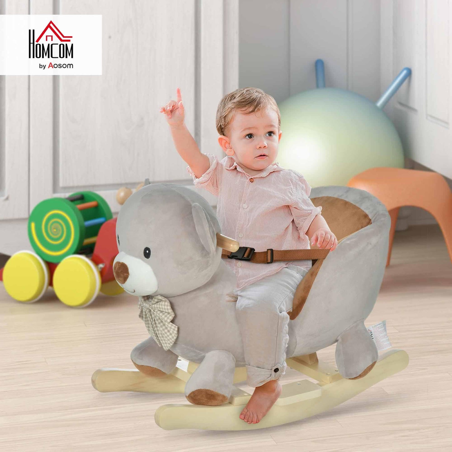HOMCOM Kids Children Rocking Horse Plush Ride On Bear Seat w/Sound Wood Base Seat Safety Belt Toddler Baby Toy for 18-36 Months Grey