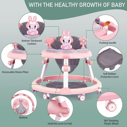 Pink height adjustable baby walker with foldable design, footrest, small toys, and music for ages 6-18 months by Autrfso.