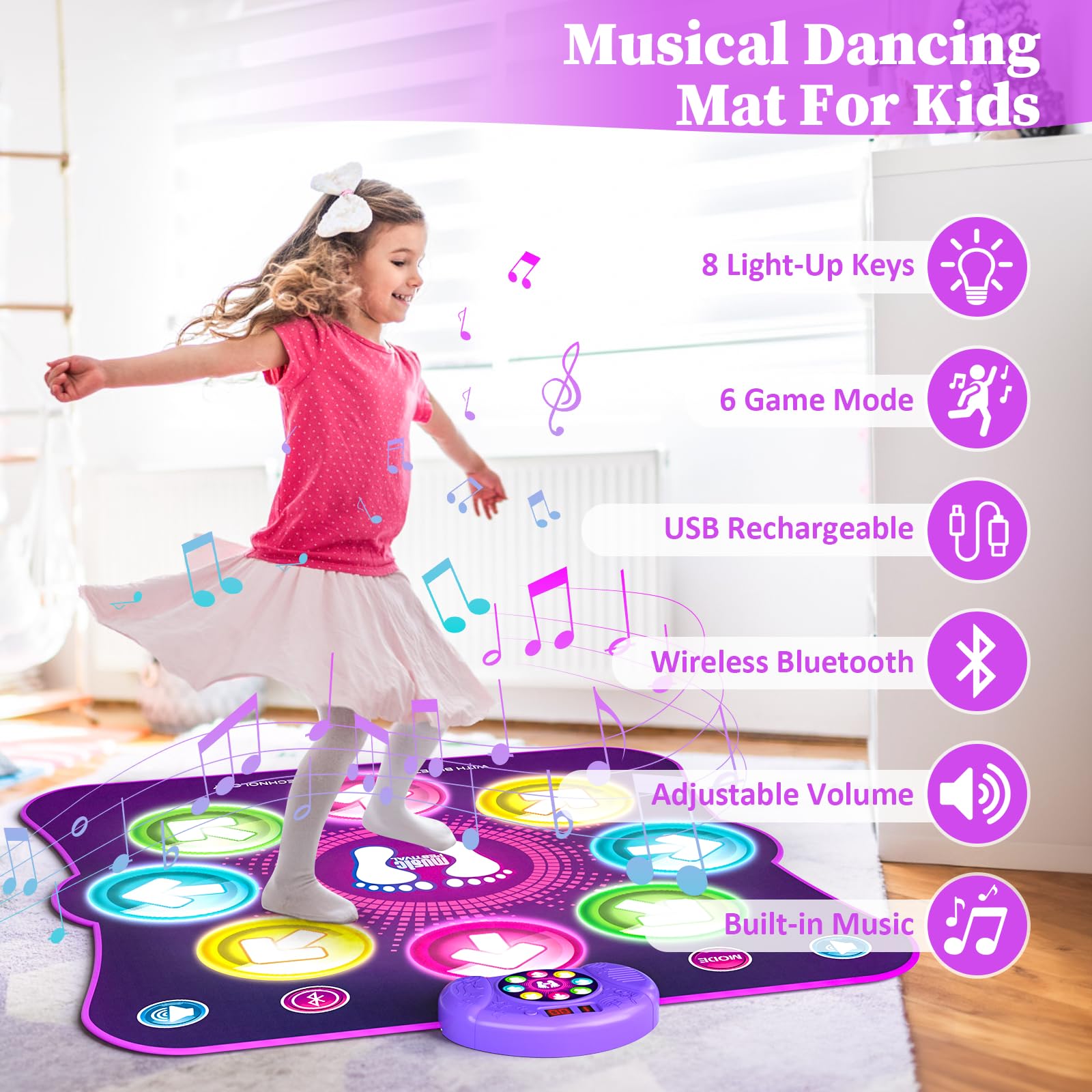 LEAPRCSTORE light-up dance mat for kids, featuring colorful illuminated squares and six game modes for active play and fun.