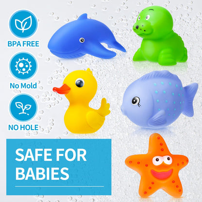 No Hole No Mould Baby Bath Toys - 9PCS Mould Free Bath Toys for 1 2 3 4 Year Olds Toddler Kids Sea Animals Rubber Bath Duck without Holes Swimming Pool Toys Water Play Toys for Boys Girls Children