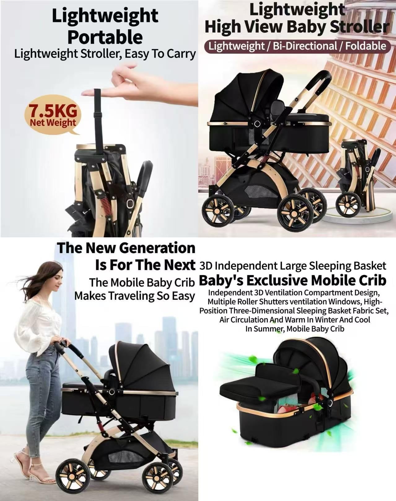 Rexhan Baby Pram, 2 in 1 Foldable Baby Buggy, Reversible Pushchair, All in One Stroller, Newborns, Toddlers, Infants, 0-4 Years, Aluminium Frame, Shock Absorbers, Lightweight