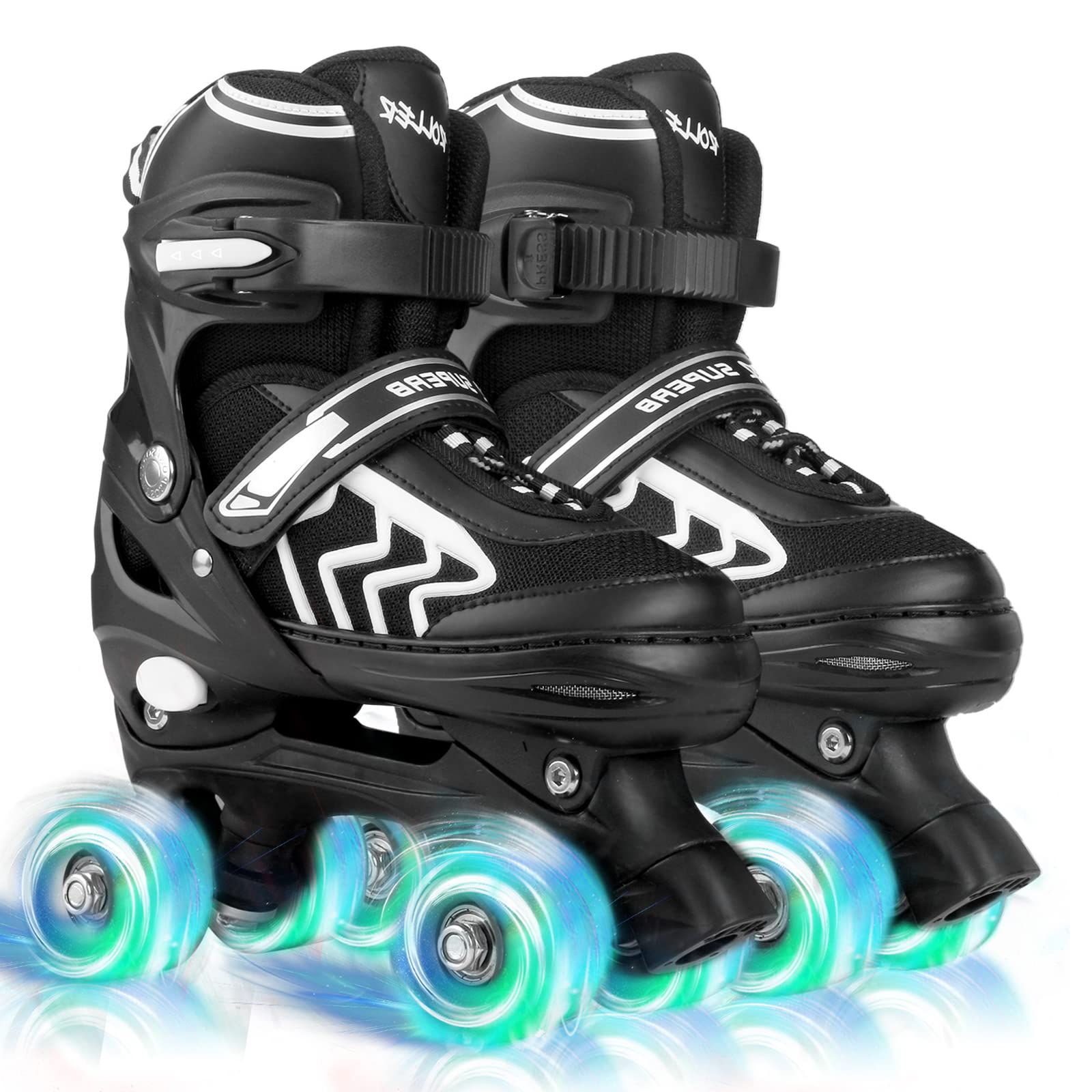 SZHZS kids roller skates for boys and girls with adjustable sizes, black and white design, 8 light-up wheels, suitable for ages 4-12