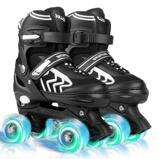 SZHZS kids roller skates for boys and girls with adjustable sizes, black and white design, 8 light-up wheels, suitable for ages 4-12