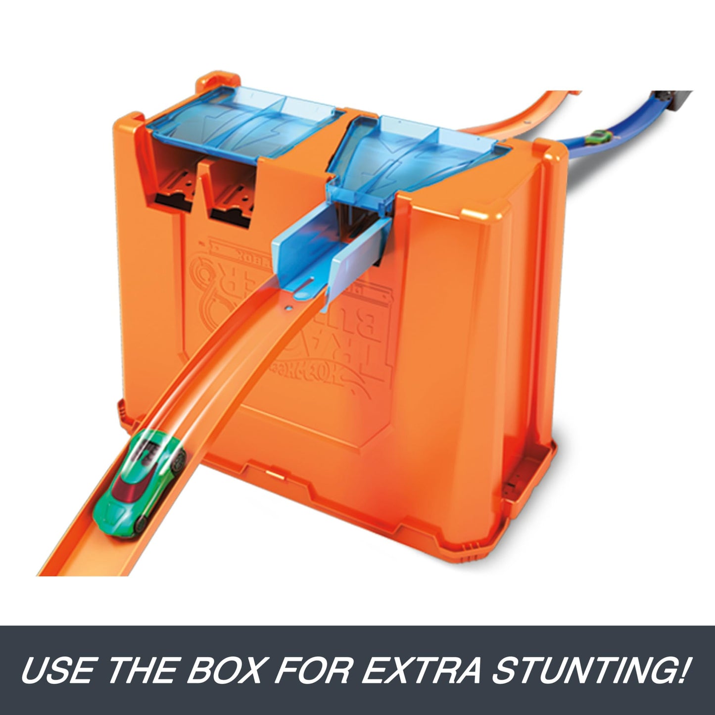 Hot Wheels Track Builder Deluxe Stunt Box with dual launchers, 5 meters of track, and 2 toy cars for ages 6 and up.