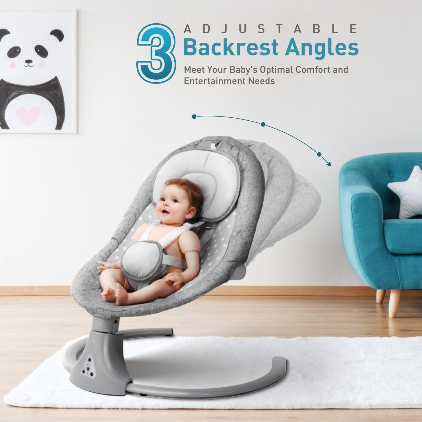 Kisdream baby swing chair with Bluetooth remote, gray, cordless design, adjustable angles, five speeds, and plush baby bouncer seat.