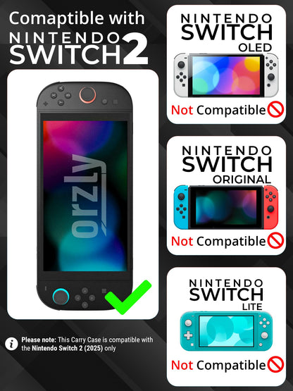 Orzly Nintendo Switch 2 travel case with screen padding, game card slots, microSD storage, and zipped pockets for accessories.