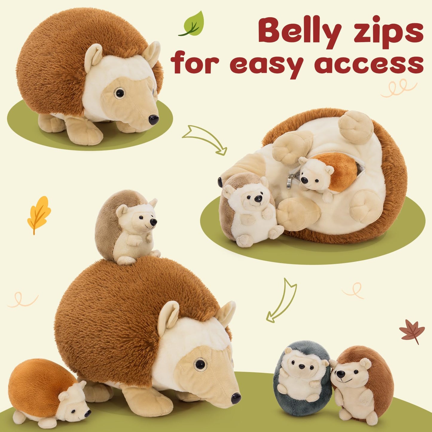 MorisMos Big Hedgehog Teddy Soft Toy, 35cm Mom with 4 Cuddly Baby Inside, Giant Fluffly Hedgehog Stuffed Animal Realistic Kawaii Gift for Kids Birthday Deco