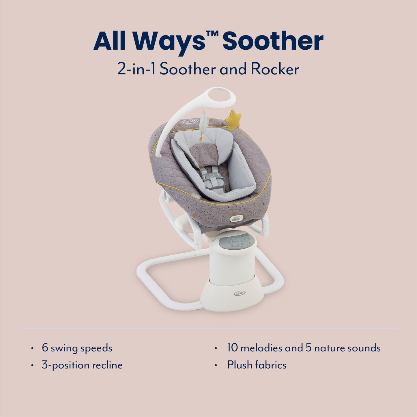 Graco All Ways Soother 2-in-1 baby swing and rocker with starry pattern, featuring vibration and adjustable swing speed for infants.