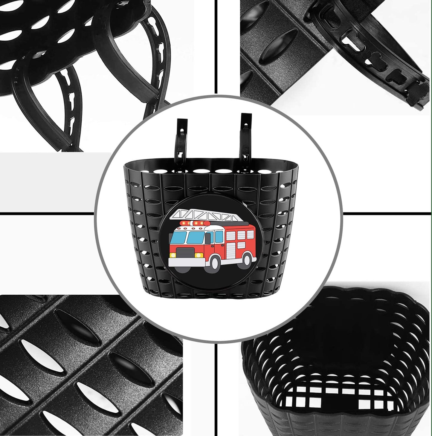 YeloYolker Boys Bike Basket with Bell, Cute Bicycle Front Handlebar Basket for kids, Toddlers, Plastic Scooter Basket(Fire Truck)