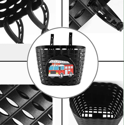 YeloYolker Boys Bike Basket with Bell, Cute Bicycle Front Handlebar Basket for kids, Toddlers, Plastic Scooter Basket(Fire Truck)