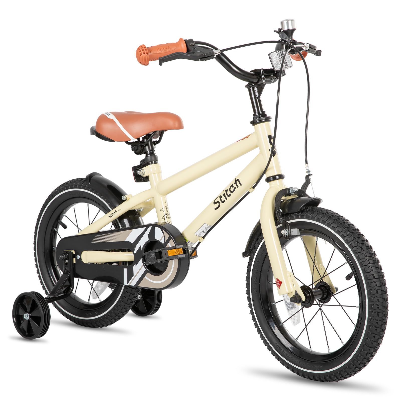 Beige STITCH 16-inch kids bike with stabilisers, designed for boys and girls aged 4-7, showcasing 16" wheels.