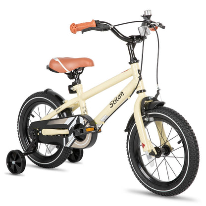 Beige STITCH 16-inch kids bike with stabilisers, designed for boys and girls aged 4-7, showcasing 16" wheels.