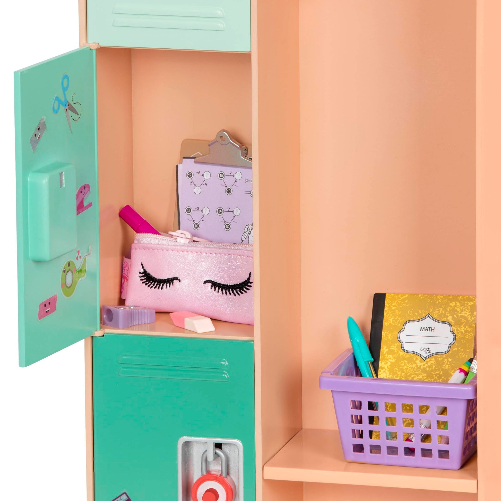 Our Generation Classroom Cool Locker Set with realistic school locker and accessories for 18-inch dolls.