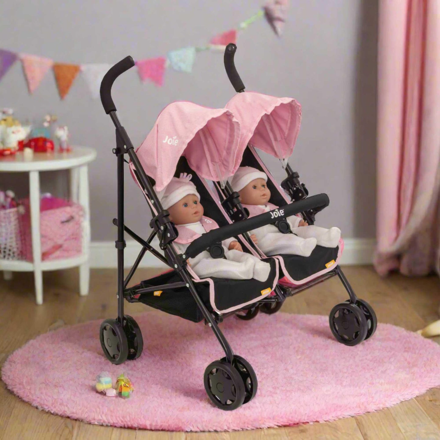 Joie Aire Twin Pushchair | Childrens Double Stroller Pram In Black & Pink | Childrens Baby Doll Stroller Toy Umbrella Fold Stroller | Role Play Toy Dolls Buggy Pushchair | Ages 3+