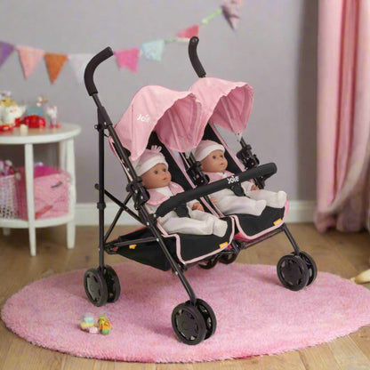 Joie Aire Twin Pushchair | Childrens Double Stroller Pram In Black & Pink | Childrens Baby Doll Stroller Toy Umbrella Fold Stroller | Role Play Toy Dolls Buggy Pushchair | Ages 3+