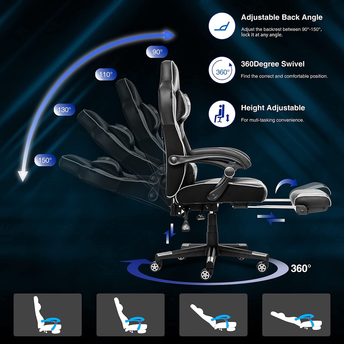 Fullwatt white gaming desk chair with high back, adjustable arms, footrest, swivel base, and PU leather for home office.
