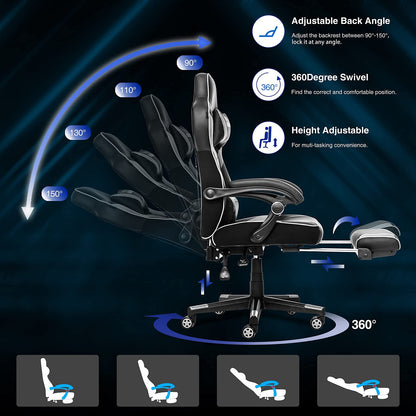 Fullwatt white gaming desk chair with high back, adjustable arms, footrest, swivel base, and PU leather for home office.