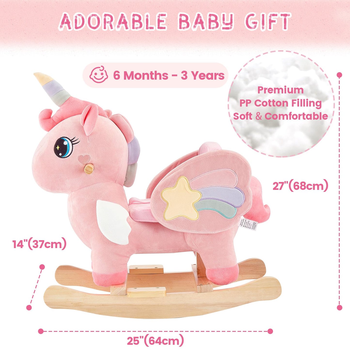 FUNLIO Unicorn Baby Rocking Horse, Pink Fairy Unicorn Rocking Horse for Toddlers 6 Months to 3 Years, Stuffed Ride-on Animal Rocker, Easy to Assemble, CPC & CE Certified